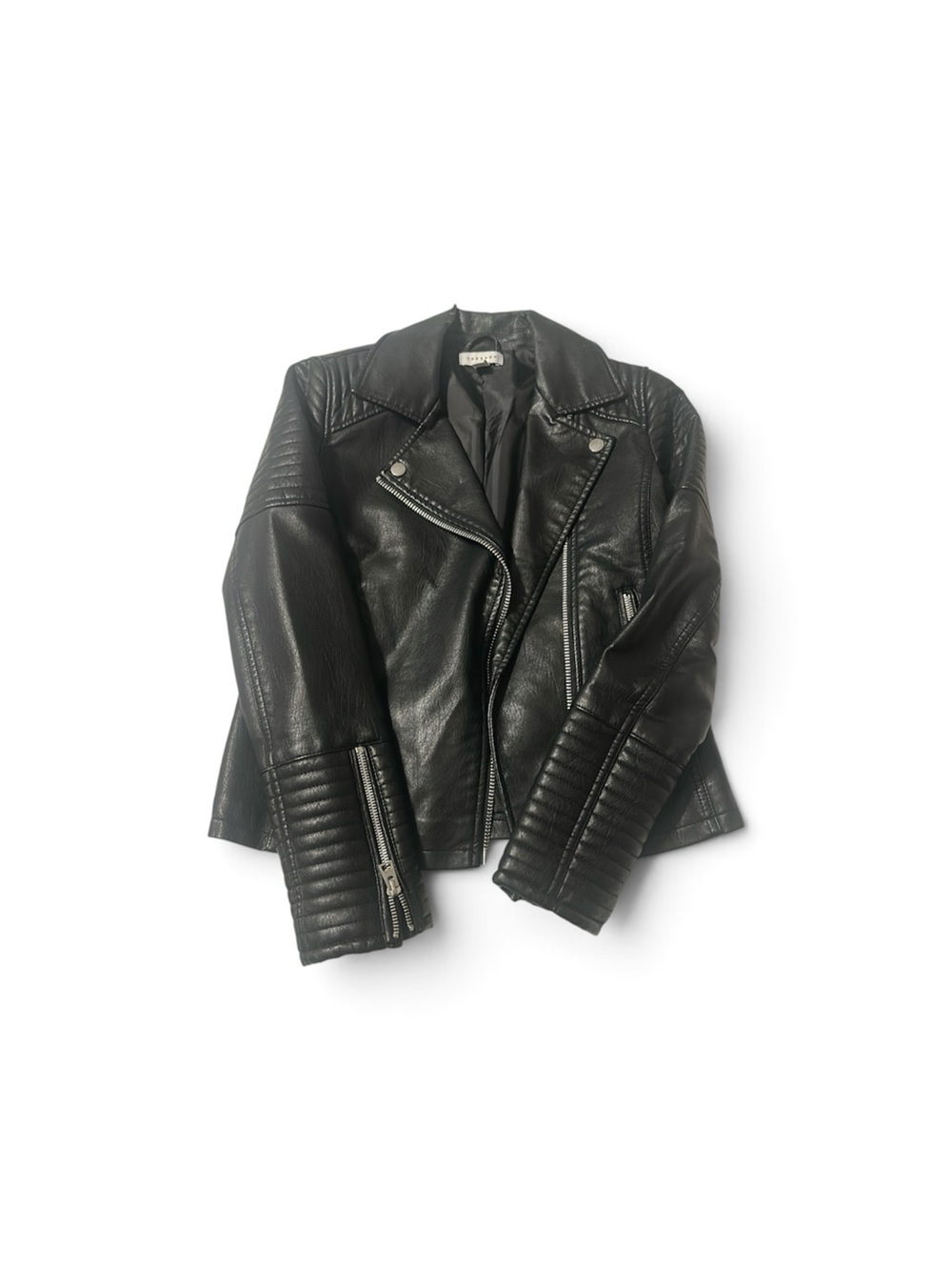 Topshop Black Quilted-Detail Leather Moto Jacket